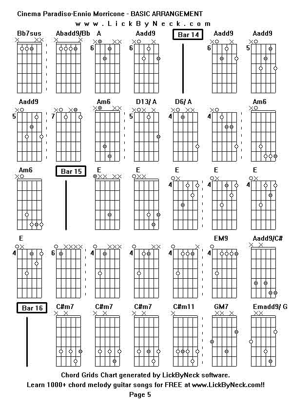 Chord Grids Chart of chord melody fingerstyle guitar song-Cinema Paradiso-Ennio Morricone - BASIC ARRANGEMENT,generated by LickByNeck software.